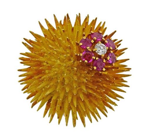 Tiffany &amp; Co 18k Gold Diamond Ruby Sea Urchin Brooch 