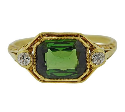 Larter &amp; Son Art Deco Filigree 18k Gold Diamond Tourmaline Ring 