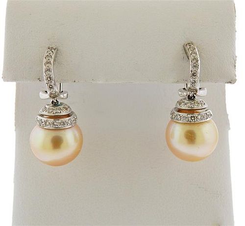 18k Gold Diamond South Sea Pearl Drop Earrings 