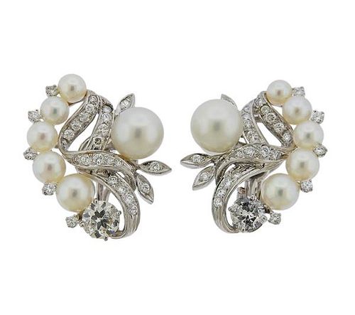 1950s 14K Gold Diamond Pearl Earrings