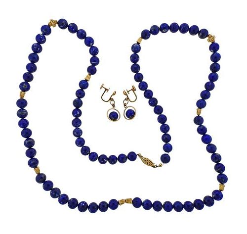 14K Gold Lapis Bead Necklace Earrings Set