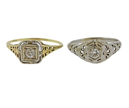 Art Deco 14k 18k Gold Diamond Engagement Ring Set 2pc