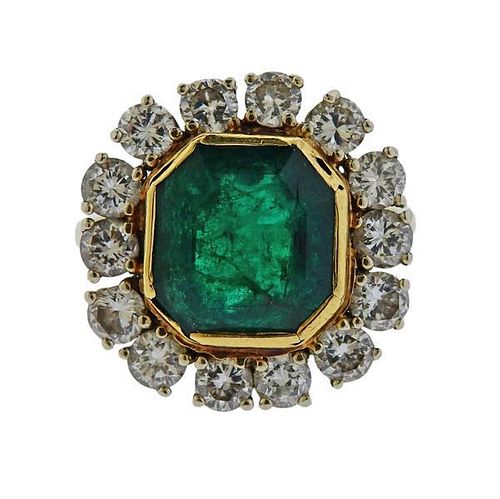 Antique 18k Gold 3.5ct Emerald Diamond Ring