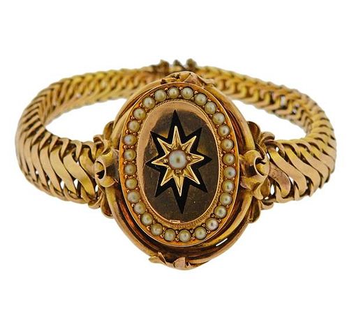 Antique Victorian 14K Gold Pearl Enamel Bracelet