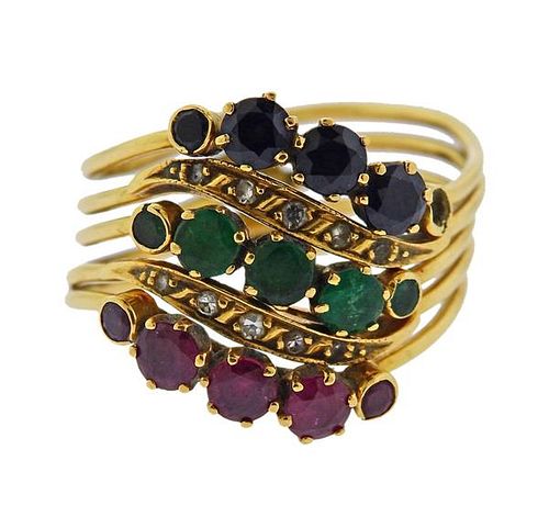 Antique 14k Gold Sapphire Ruby Emerald Harem Ring 