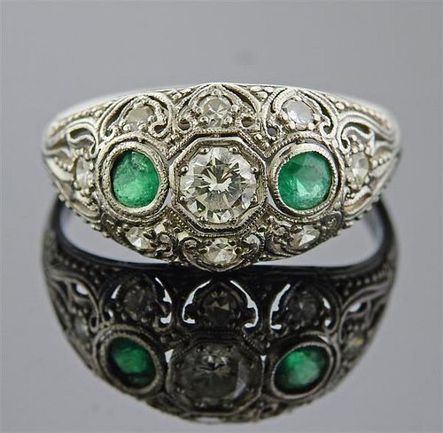 Antique Art Deco Platinum Diamond Emerald Ring