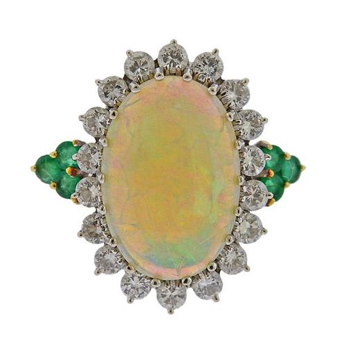 18k Gold Opal Diamond Emerald Ring 