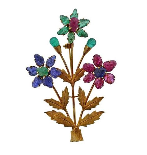 14k Gold Carved Emerald Ruby Sapphire Flower Brooch Pin 