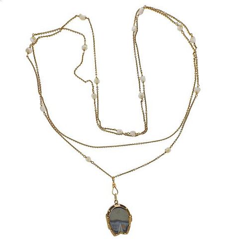 Antique 14K Gold Hematite Onyx Pearl Locket Pendant Necklace