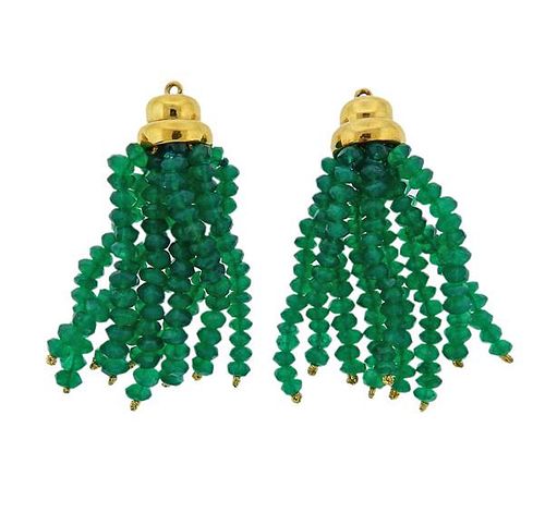 18k Gold Green Stone Bead Tassel Earrings Pendants 