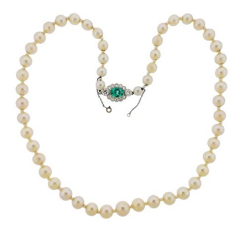 Art Deco Platinum Green Stone Diamond Pearl Necklace 