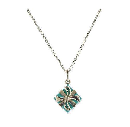 Tiffany &amp; Co Silver Enamel Gift Pendant Necklace