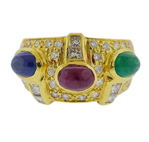 18K Gold Diamond Emerald Sapphire Ruby  Ring