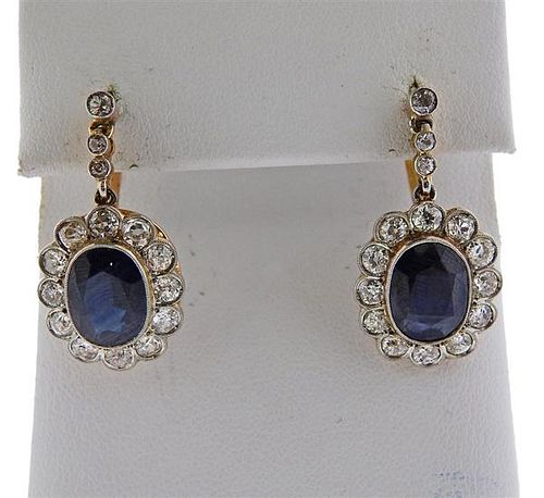 18K Gold Platinum Diamond Blue Stone Drop Earrings