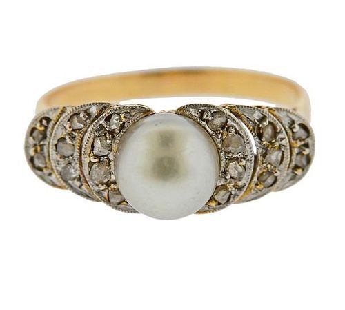 Art Deco 18K Gold Diamond Pearl Ring