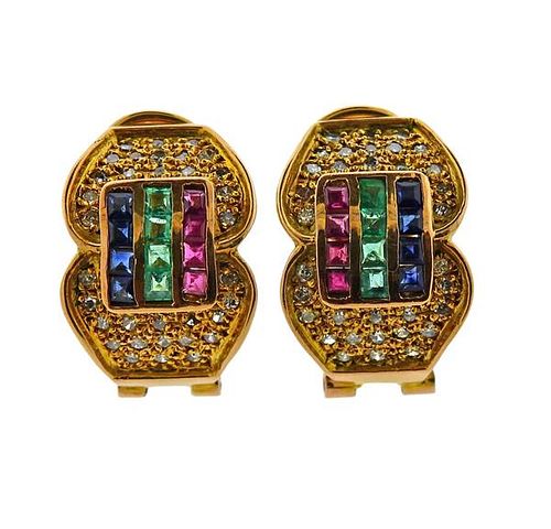 14K Gold Diamond Sapphire Emerald Ruby Earrings