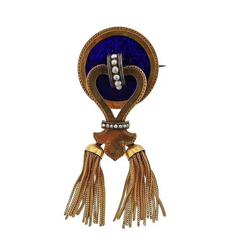 Antique Victorian 14K Gold Pearl Enamel Tassel Brooch Pin