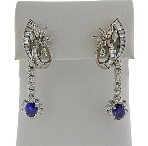 Mid Century Platinum Diamond Sapphire Drop Earrings 
