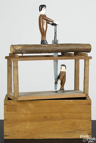 Wood and composition articulated loggers, late 19th c., of men with a two-man saw, 11 1/4'' h.
