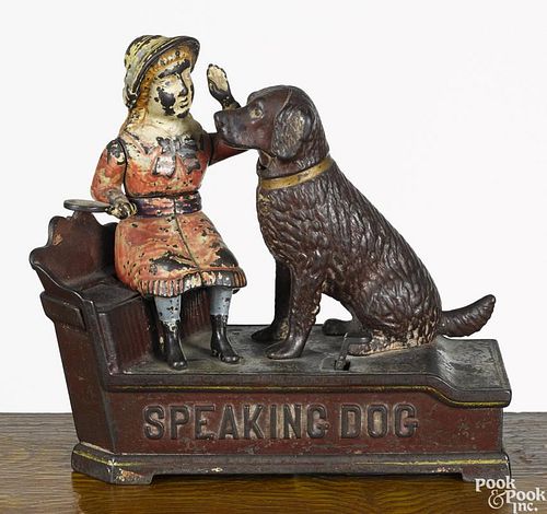 Shepard Hardware Co. cast iron Speaking Dog mechanical bank, ca. 1900, 7 1/4'' h.