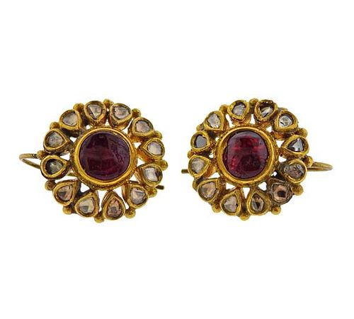 Indian 22k Gold Diamond Enamel Earrings 