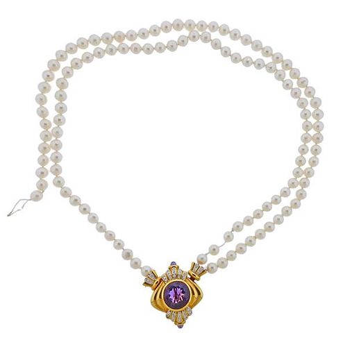 18K Gold Diamond Amethyst Pearl Pendant Necklace