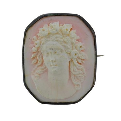 Antique 10K Gold Coral Cameo Brooch 