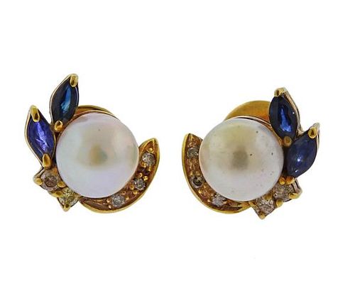 14K Gold Diamond Sapphire Pearl Earrings