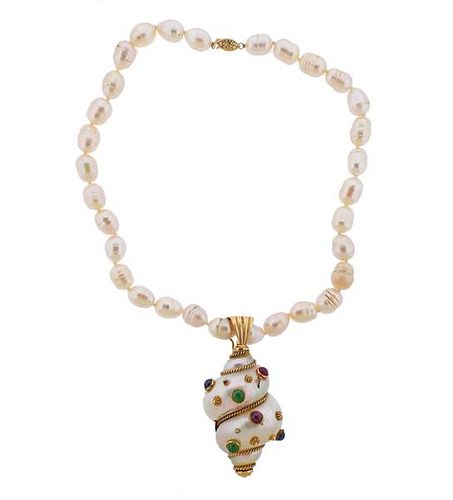 MAZ 14K Gold Seashell Sapphire Ruby Emerald Brooch Necklace