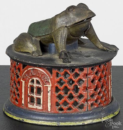 J. & E. Stevens cast iron Frog and Lattice mechanical bank, ca. 1900, 4 1/2'' h.