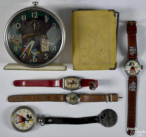 Ingersoll Mickey Mouse pocket watch with fob, together with three Mickey Mouse wristwatches