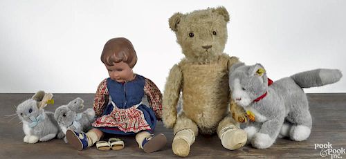 Mohair teddy bear, early 20th c., together with two contemporary Steiff rabbits, a Steiff cat