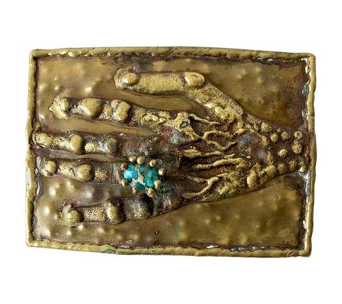 Pal Kepenyes Bronze Turquoise Mexican Surrealist Curiosity Hand Belt Buckle