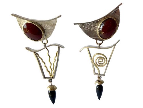 Enid Kaplan Sterling Silver Gold Carnelian Onyx Postmodernist Synergy Earrings