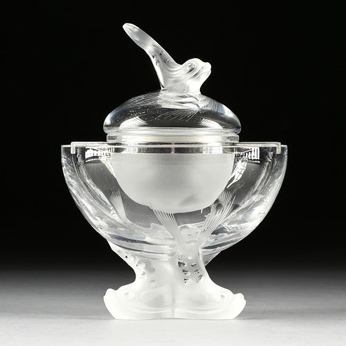 A LALIQUE FROSTED AND CLEAR CRYSTAL LIDDED CAVIAR BOWL SET, IGOR PATTERN, ENGRAVED SIGNATURE, 20TH CENTURY,