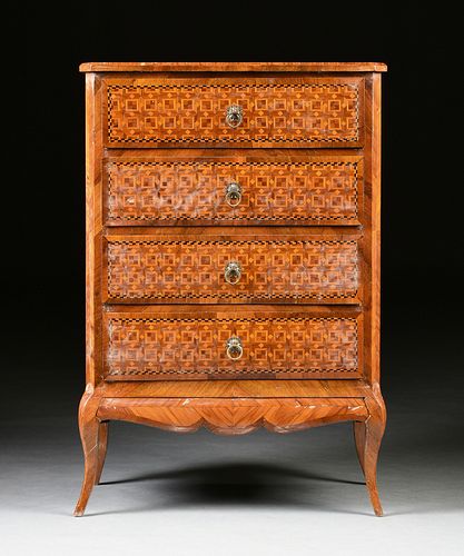 A GERMAN TULIPWOOD AND VARIOUS WOODS INLAID PARQUETRY CHEST OF DRAWERS, 19TH CENTURY, 