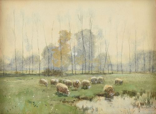 WILLEM STEELINK I (Dutch 1826-1913) A PAINTING, "Sheep Watering by the Treeline,"