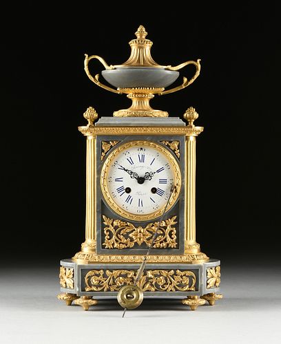A LOUIS XVI STYLE ORMOLU MOUNTED BLEU TURQUIN MARBLE MANTLE CLOCK, BY RAINGO FRÈRES, PARIS, 19TH CENTURY, 