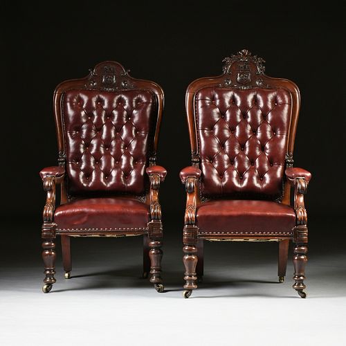 A PAIR OF EARLY VICTORIAN TUFTED LEATHER MAHOGANY LEATHER ARMCHAIRS, CIRCA 1844,