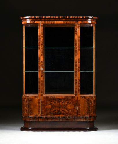 AN ART DECO ROSEWOOD AND FIGURED WALNUT GLAZED DISPLAY CABINET, 20TH CENTURY,