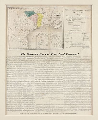 AN ANTIQUE MAP, "Map of the Colonization Grants to Zavala, Vehlein, & Burnet in Texas, Belonging to Galveston Bay & Texas Land Co.," NEW YORK, JANUARY