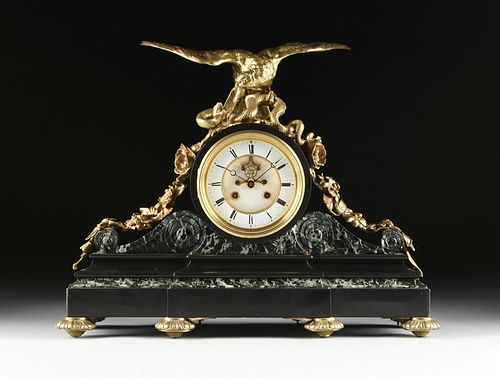 A VINCIENTI & CIE  VERDE ANTICO AND NOIR BELGE GILT BRONZE MOUNTED MANTEL CLOCK WITH EXPOSED ESCAPEMENT, CLOCKWORKS BY ROLLIN A PARIS, SECOND FRENCH E