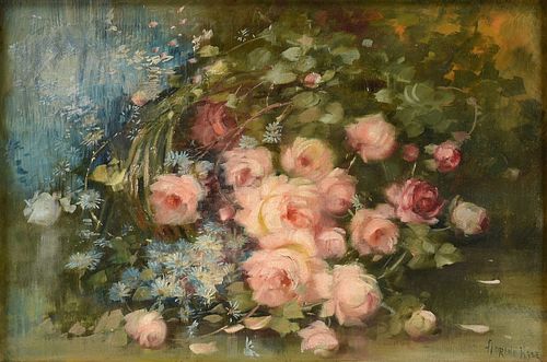 FLORINE HYER (American 1868-1936) A PAINTING, "Pink Roses and Blue Marguerites," 