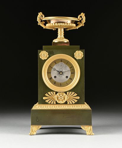 A RESTAURATION GILT AND GREEN PATINATED BRONZE MANTLE CLOCK, 1820s,
