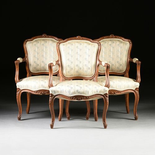 A SET OF THREE LOUIS XV STYLE UPHOLSTERED AND CARVED BEECH FAUTEUILS, 19TH CENTURY, 