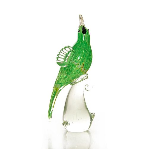 MURANO GLASS SCULPTURE OF GREEN COCKATOO WITH FEATHERS