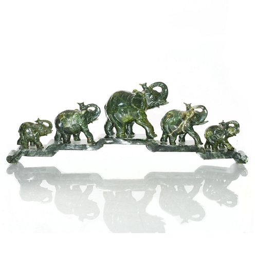 CHINESE DARK GREEN CARVED JADE ELEPHANT FIGURAL GROUP