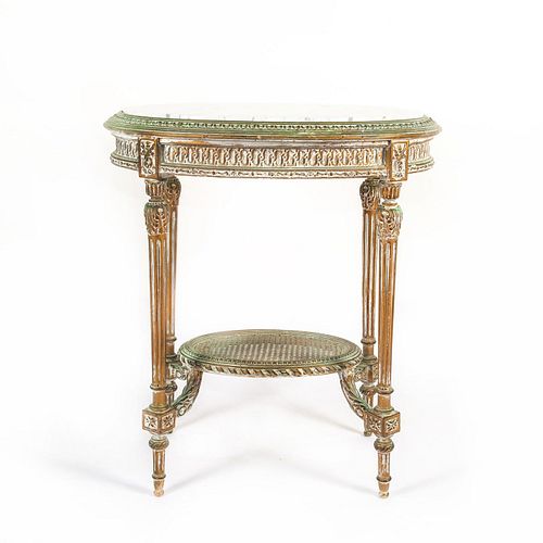 ANTIQUE OVAL END TABLE WITH MARBLE TOP