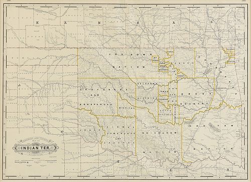 AN ANTIQUE MAP, "Railroad and County Map of Indian Territory," New York, 1885-1893,