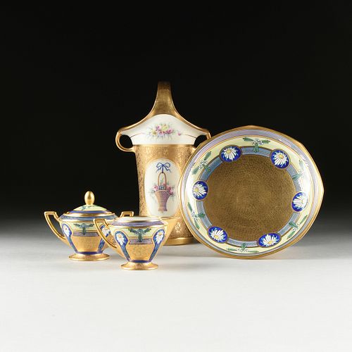 A GROUP OF FOUR FRENCH PICKARD PARCEL GILT ENAMELED PORCELAIN BRUNCHWARES, EARLY 20TH CENTURY,